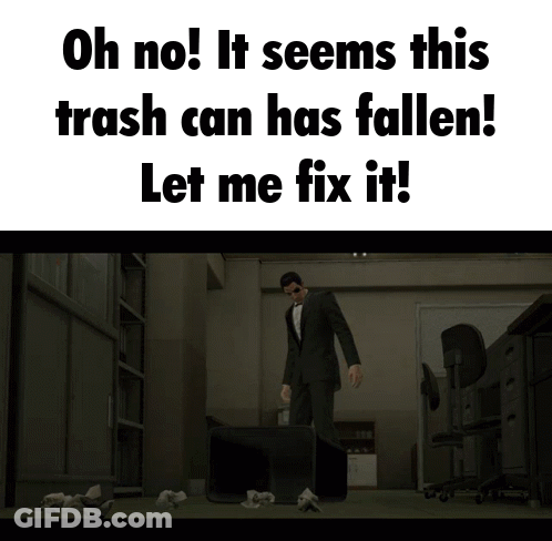 A Man In A Suit Is Standing Next To A Pile Of Trash That Says Oh No It Seems This Trash Can Has Fallen GIF