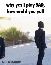 A Man In A Suit Is Standing Next To Another Man In A Suit On A Street . GIF