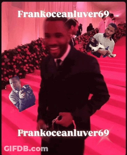 A Man In A Suit Is Standing On A Red Carpet With The Name Frankoceanluver69 GIF