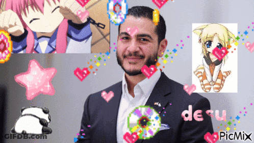 A Man In A Suit Is Surrounded By Anime Characters And Hearts And The Word Picmix Is On The Bottom GIF