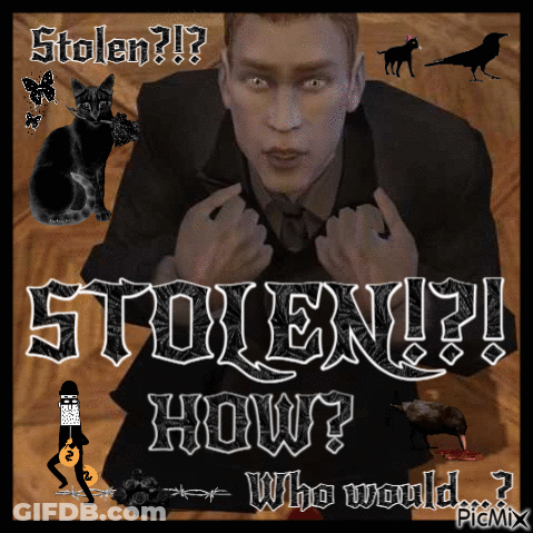 A Man In A Suit Is Surrounded By Black Cats And A Poster That Says ' Stolen ! ' GIF