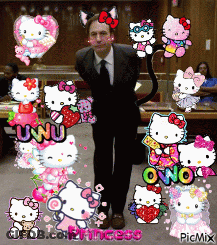 A Man In A Suit Is Surrounded By Hello Kitty Stickers Including One That Says Princess GIF