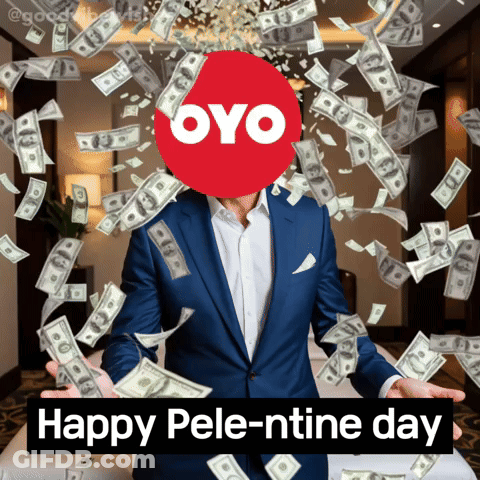 Man In Suit Surrounded By Money With Oyo Logo GIF