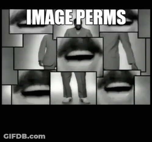 A Man In A Suit Is Surrounded By Mouths And Eyes With The Words Image Perms Below Him GIF