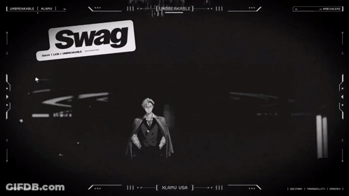 A Man In A Suit Is Surrounded By Stickers That Say Swag And Swag GIF