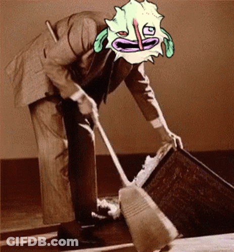 A Man In A Suit Is Sweeping A Floor With A Cartoon Face On His Head GIF