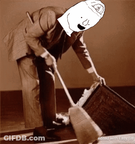 A Man In A Suit Is Sweeping The Floor With A Cartoon Character On His Head GIF