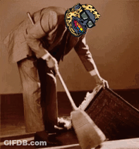 A Man In A Suit Is Sweeping The Floor With A Leopard Print Mask On His Head GIF