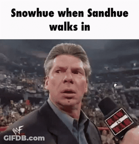 A Man In A Suit Is Talking Into A Microphone With The Words Snowhue When Sandhue Walks In Above Him GIF