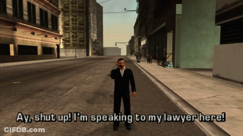 A Man In A Suit Is Talking On A Cell Phone And Says " Ay Shut Up I 'M Speaking To My Lawyer Here GIF