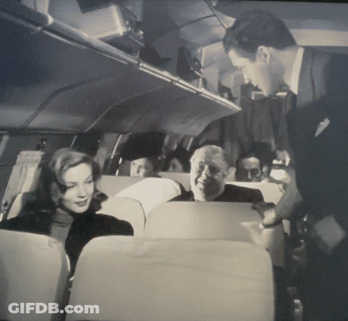 A Man In A Suit Is Talking To A Woman In A Plane GIF