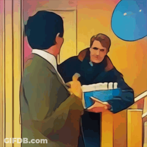 A Man In A Suit Is Talking To Another Man Holding A Book GIF