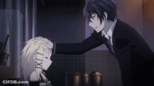 A Man In A Suit Is Touching The Head Of A Girl With A Tattoo That Says Lxxi GIF