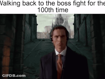 A Man In A Suit Is Walking Back To The Boss Fight For The 100Th Time . GIF