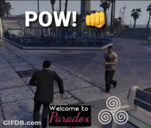 A Man In A Suit Is Walking Down A Sidewalk In Front Of A Sign That Says Pow GIF