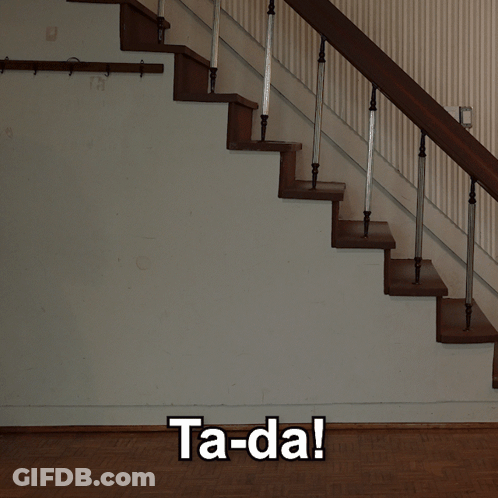 A Man In A Suit Is Walking Up A Set Of Stairs With The Words Ta-Da Written On The Bottom GIF