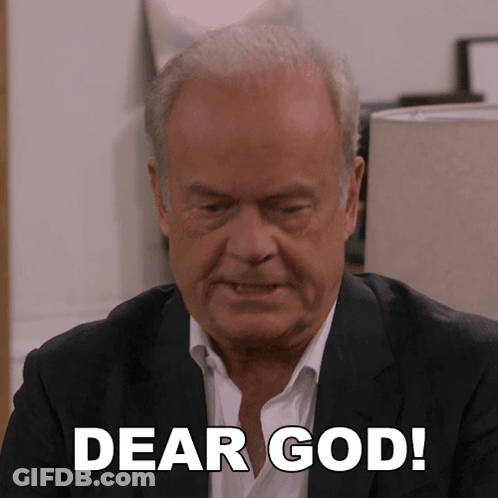 A Man In A Suit Says Dear God In White Letters GIF