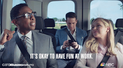 A Man In A Suit Says It 'S Okay To Have Fun At Work While Sitting In A Car GIF