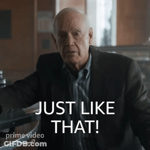 A Man In A Suit Says Just Like That On A Prime Video Ad GIF