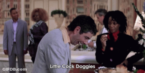 A Man In A Suit Says Little Cock Doggies In Front Of A Group Of People . GIF