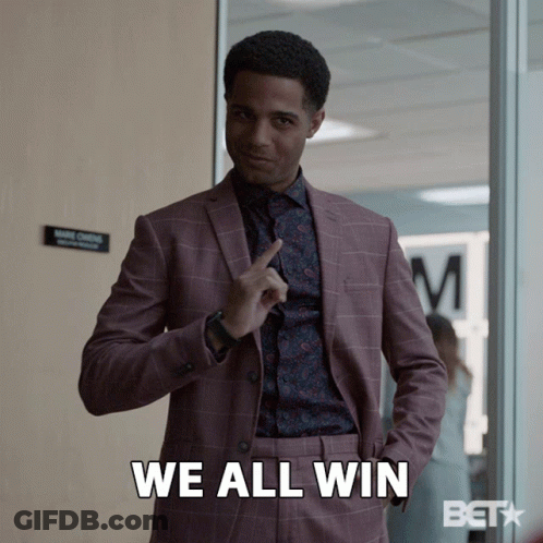 A Man In A Suit Says " We All Win " While Pointing GIF