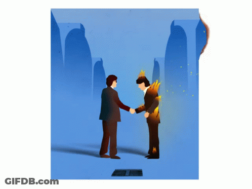 A Man In A Suit Shakes Hands With Another Man In A Suit That Is On Fire GIF
