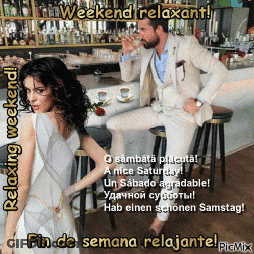A Man In A Suit Sits At A Bar Next To A Woman In A White Dress And Says Weekend Relaxant GIF