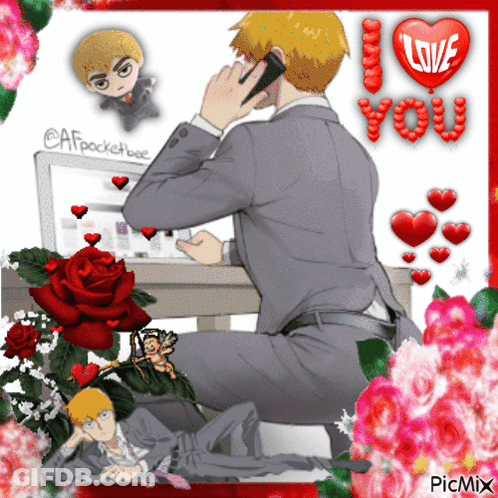 A Man In A Suit Sits At A Desk Talking On A Cell Phone With A Heart That Says I Love You GIF