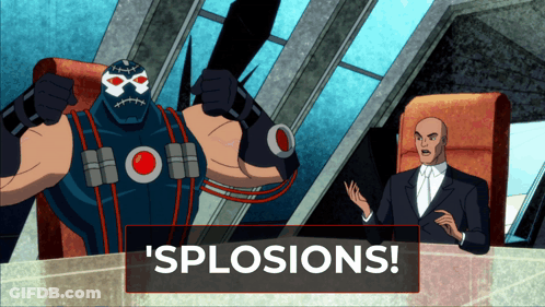 A Man In A Suit Sits At A Table Next To A Cartoon Character That Says Splosions GIF