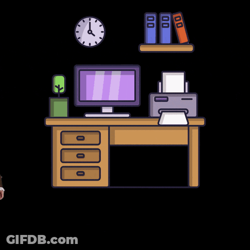 A Man In A Suit Sits In A Chair In Front Of A Desk With A Computer And A Printer GIF