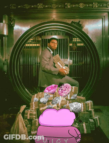 A Man In A Suit Sits In A Vault Surrounded By Lots Of Money GIF