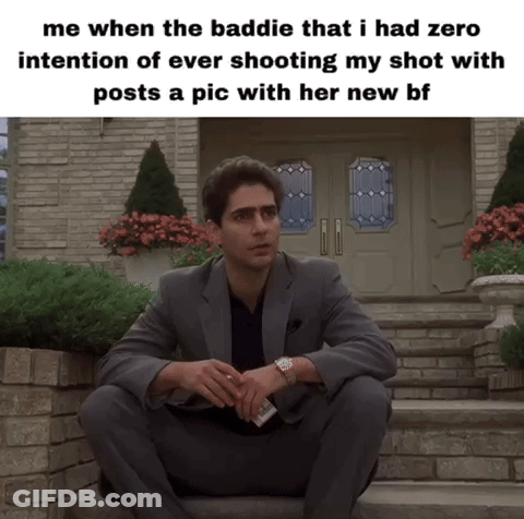 A Man In A Suit Sits On The Steps Of A House With A Caption That Says Me When The Baddie That I Had GIF