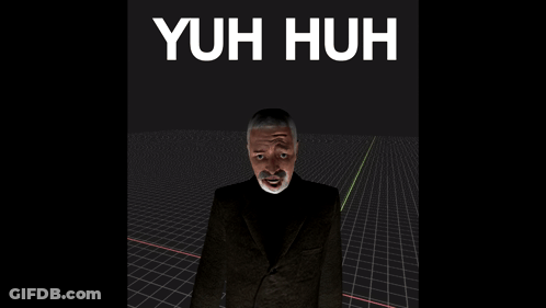 A Man In A Suit Stands In Front Of A Black Background With The Words Yuh Huh On It GIF
