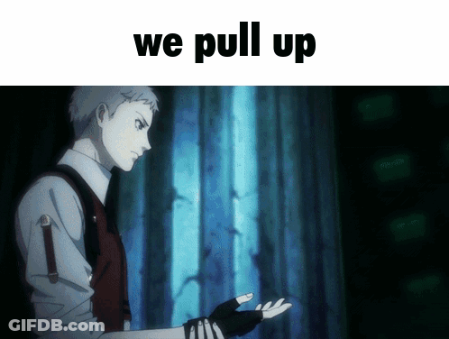 A Man In A Suit Stands In Front Of A Blue Wall With The Words We Pull Up Above Him GIF