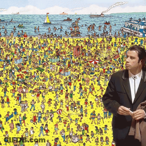 A Man In A Suit Stands In Front Of A Cartoon Of A Crowded Beach GIF