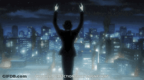A Man In A Suit Stands In Front Of A City Skyline With His Hands In The Air GIF