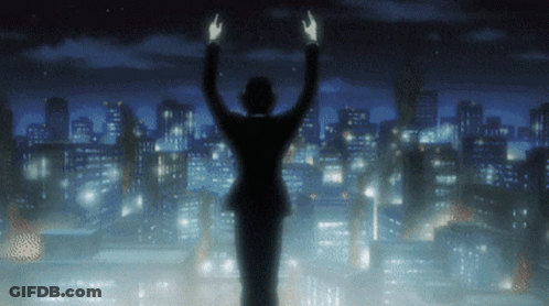 A Man In A Suit Stands In Front Of A City With His Arms In The Air GIF
