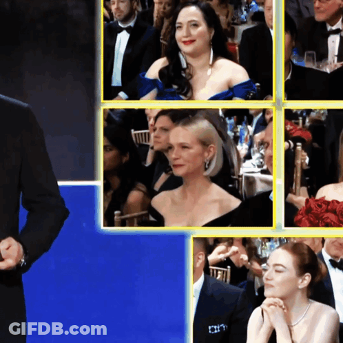 A Man In A Suit Stands In Front Of A Collage Of Images Of People GIF