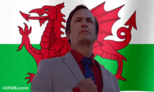 A Man In A Suit Stands In Front Of A Flag With A Red Dragon On It GIF