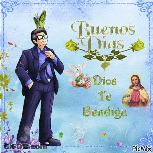 A Man In A Suit Stands In Front Of A Picture Of Jesus And The Words Buenos Dias Dios Te Bendiga GIF