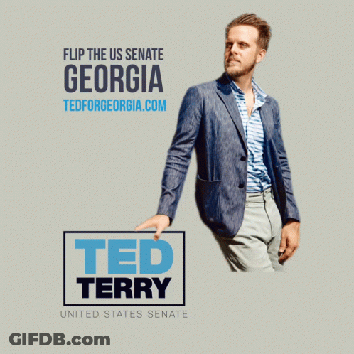 A Man In A Suit Stands In Front Of A Sign That Says Ted Terry United States Senate GIF