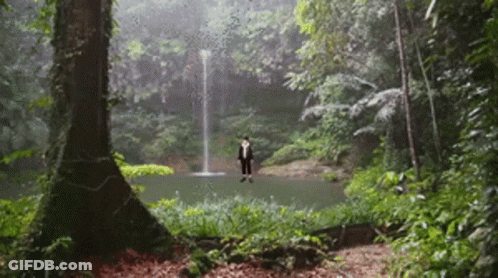 A Man In A Suit Stands In Front Of A Waterfall In The Woods GIF