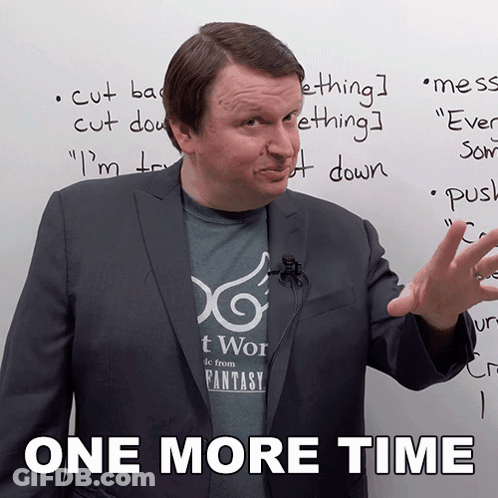 A Man In A Suit Stands In Front Of A White Board With The Words One More Time Written On It GIF