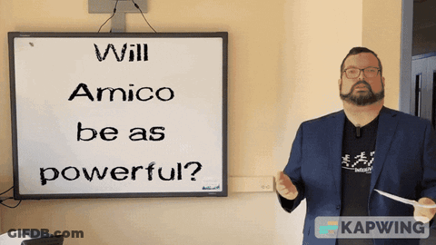 A Man In A Suit Stands In Front Of A Whiteboard That Says Will Amico Be As Powerful GIF