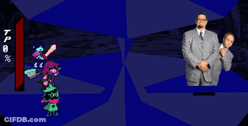 A Man In A Suit Stands Next To A Cartoon Character With A Tp Of 8 % GIF