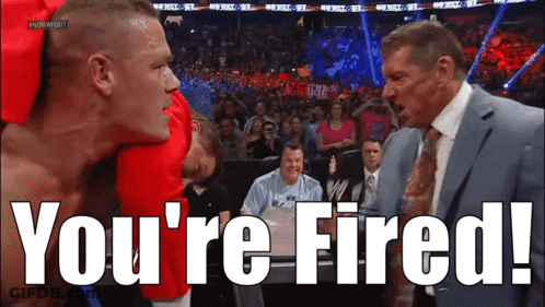 A Man In A Suit Stands Next To A Man In A Red Shirt And Says You 'Re Fired .. GIF