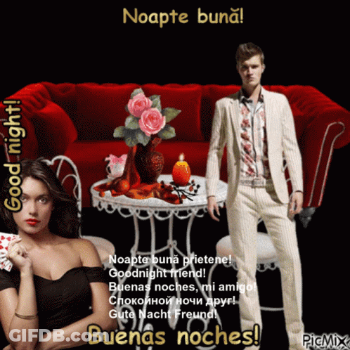 A Man In A Suit Stands Next To A Woman In A Black Dress And Says Goodnight GIF
