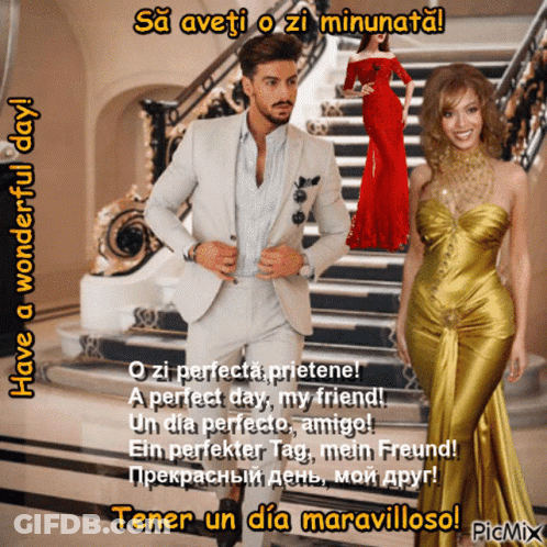 A Man In A Suit Stands Next To A Woman In A Gold Dress On A Picture That Says " Have A Wonderful Day " GIF