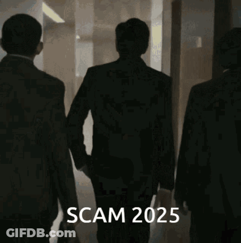 A Man In A Suit Walking Down A Hallway With Scam 2025 Written On The Bottom GIF