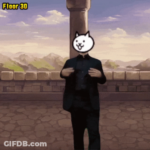 A Man In A Suit With A Cat On His Head Is Standing In Front Of A Pillar With The Words Floor 30 Below Him GIF